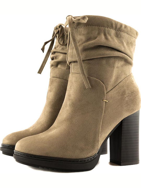 La Coquette B17028 Suede Women's Ankle Boots with High Heel Beige