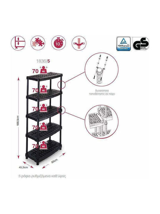 Plastic Garden Shelf with 5 Shelves Black 93x45.3x188.5cm
