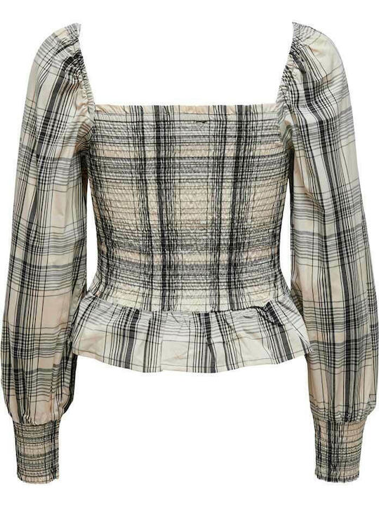 Life Women's Blouse Cotton Long Sleeve Checked Ecru/Black