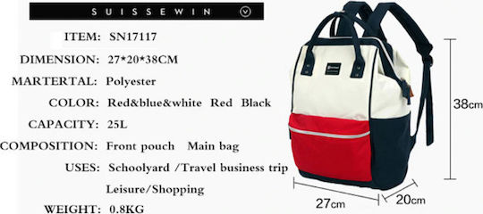 Suissewin Τσάντα-Αλλαξιέρα Πλάτης Mom Bag Navy Blue 27x38εκ.