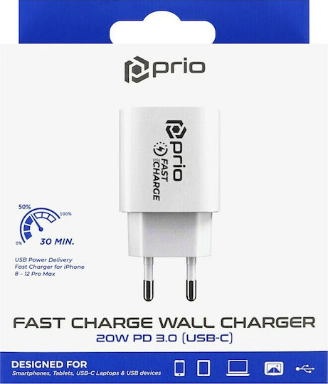 Prio Charger Without Cable with USB-C Port 20W Power Delivery Whites (PWC-1103)