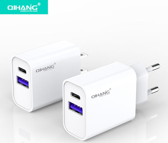 QIHANG Charger with USB-A Port and USB-C Port and Cable Lightning 18W Whites (QH-Z62)