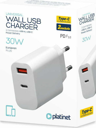 Platinet Încărcător Fără Cablu cu Port USB-A și Port USB-C 30W Albς (PLCUPD30W)