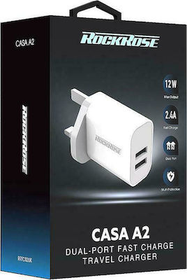 Rockrose Încărcător Fără Cablu cu 2 Porturi USB-A 12W Încărcare rapidă 3.0 Albς (Casa A2 UK)