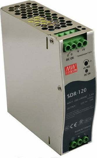 Mean Well Τροφοδοτικό Ράγας SDR120-12 με Έξοδο 12V και Ισχύ 120W 10A