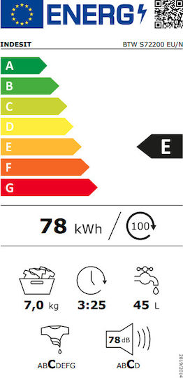 Indesit Πλυντήριο Ρούχων Άνω Φόρτωσης 7kg 1200 Στροφών Water Balance Plus BTW S72200