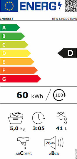 Indesit BTW L50300 EU/N Πλυντήριο Ρούχων Άνω Φόρτωσης 5kg 1000 Στροφών Water Balance Plus