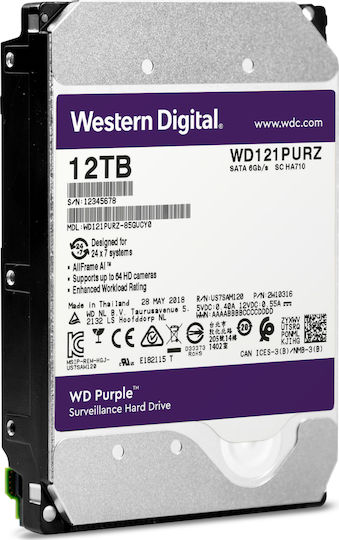 Western Digital Purple 12TB HDD Σκληρός Δίσκος 3.5" SATA III 7200rpm με 256MB Cache για Καταγραφικό WD121PURZ