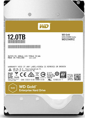 Western Digital Gold 12TB HDD Hard Drive 3.5" SATA III 7200rpm with 256MB Cache for Desktop