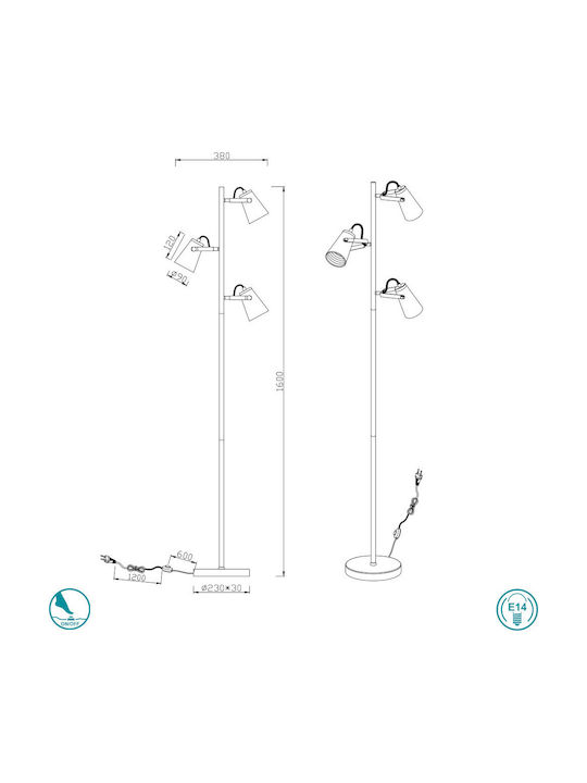 Trio Lighting Edward Подова Лампа В160xД23см. с Цокъл за Крушка E14 Черен