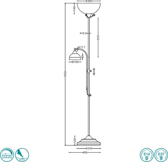 Trio Lighting Country Подова Лампа В180xД46см. с Цокъл за Крушка E27 Бял