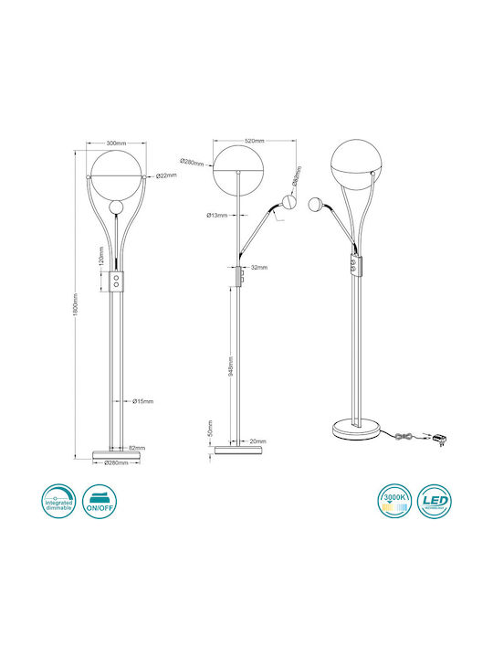 Trio Lighting Chris LED Floor Lamp H180xW52cm. with Warm White Light 2000lm Silver
