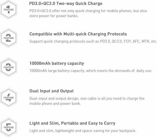 Baseus Bipow Power Bank 10000mAh 18W cu 3 Porturi USB-A și Port USB-C Încărcare rapidă 3.0 Albastru