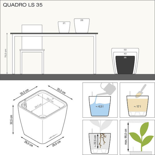 Lechuza Quadro LS Self-watering Pot Plastic 35.5x35.5x32.5cm.