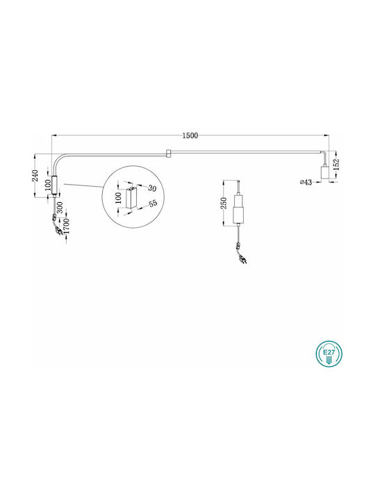 Trio Lighting Line Vintage Φωτιστικό Τοίχου Πρίζας με Ντουί E27 και Διακόπτη Μαύρο 150x5εκ.