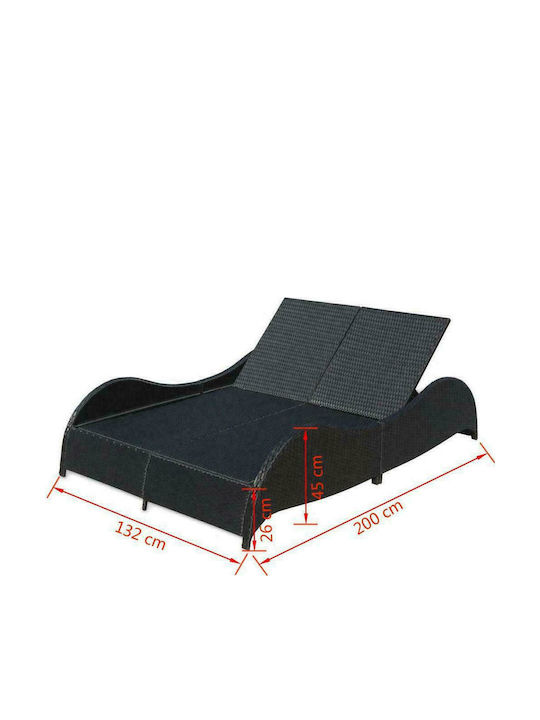 Sunbed Double Rattan with Cushion Black 200x132x45cm.