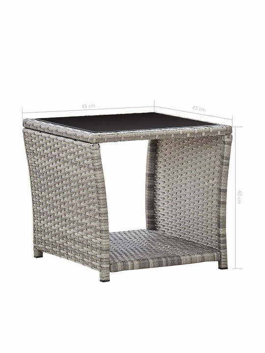 Sitting Room Outdoor Free Standing Table with Glass Surface and Rattan Frame Gray 45x45x40cm