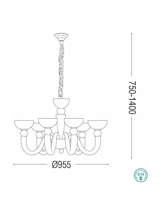 Ideal Lux Bon Bon SP6 Kronleuchter 8xE14 Ø95cm mit Kerzen Weiß 094007