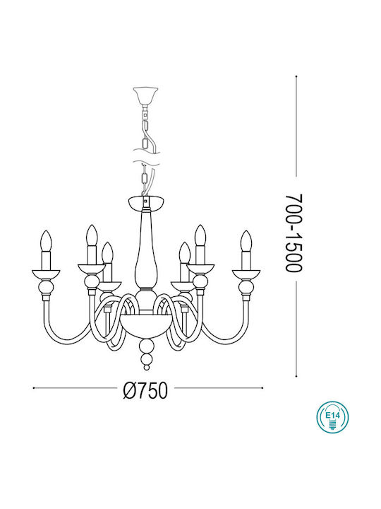 Ideal Lux Doge Bianco Chandelier Candlestick 6xE14 White 75cm 113678