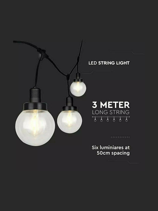 V-TAC VT-720S Garland Lights Exterior 3m Mată neagră cu 6 prize E27 IP65