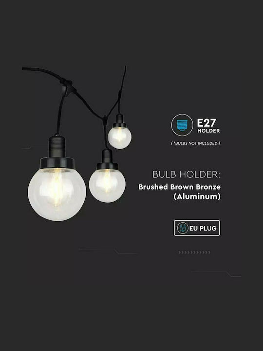 V-TAC VT-720S Garland Lights Exterior 3m Mată neagră cu 6 prize E27 IP65