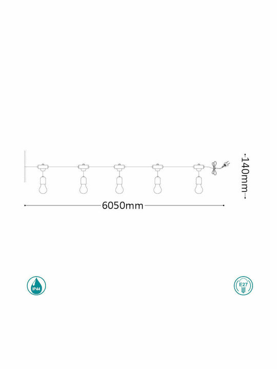 Ideal Lux Fiesta Waterproof Garland Lights 10m with 10 E27 Bulb Base Sockets Ideal Lux Fiesta Waterproof Garland Lights 10m with 10 E27 Bulb Base Sockets