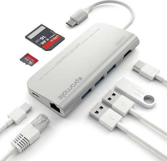 Promate coreHub-C Докинг станция с 4K PD Ethernet Сребрист