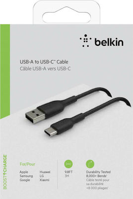 Belkin Regular USB 2.0 Cable USB-C male - USB-A male Μαύρο 3m (CAB001BT3MBK)