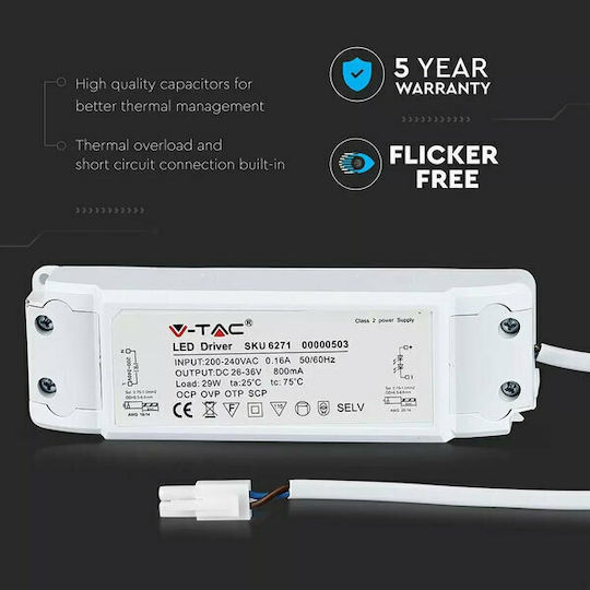 V-TAC LED Power Supply IP20 Power 29W with Output Voltage 42V for LED Panel A++ Flicker Free