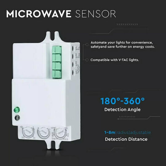 V-TAC VT-8018 Senzor De Mișcare Cu Fir Cu Microunde Unghi De Detectare 360° Rază De Acțiune 8m