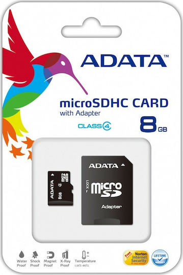 Adata AUSDH8GCL4-RA1 microSDHC 8GB Клас 4 Скорост по подразбиране с адаптер
