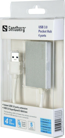 Sandberg Pocket Hub 4 Θυρών USB 3.0 με σύνδεση USB-A Λευκό