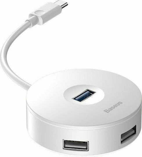 Baseus Кръгъл USB 3.0 Хъб с 4 Порта с USB-C Връзка Бял