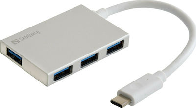 Sandberg Pocket USB 3.0 Hub 4 Porturi cu conexiune USB-C Alb