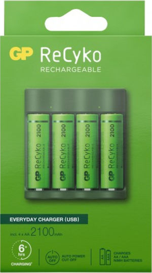 GP Batteries ReCyko B421 Charger 4 Batteries Ni-MH Size AA/AAA Set with 4x AA 2100mAh in Green color
