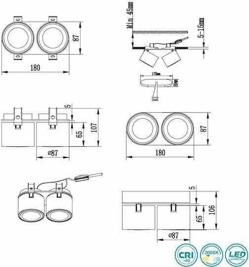 Trio Lighting Taurus Διπλό LED Θερμό Λευκό Σποτ σε Μαύρο Χρώμα