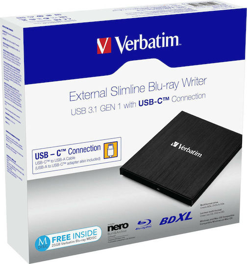 Verbatim External Slimline External Blu-Ray/DVD/CD Recorder for Desktop / Laptop Black