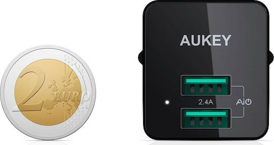 Aukey Φορτιστής Χωρίς Καλώδιο με 2 Θύρες USB-A 12W Μαύρος (PA-U32)