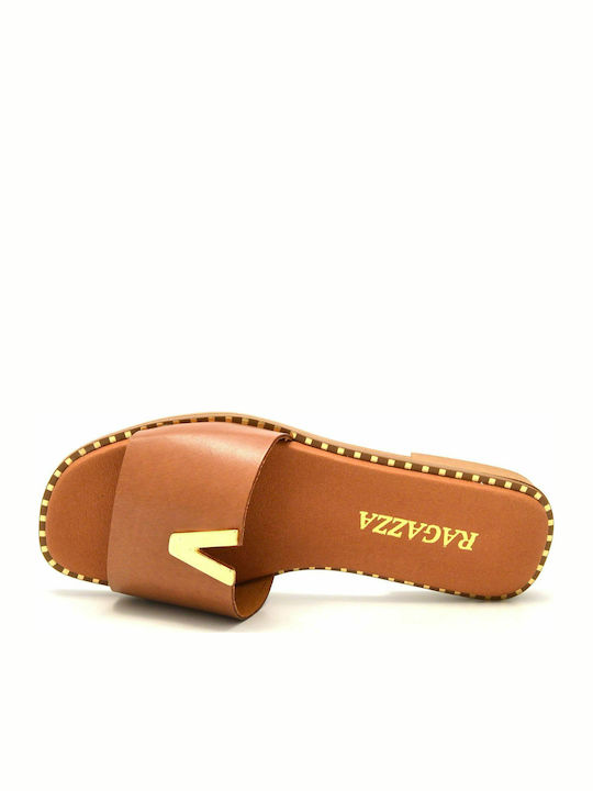 Leather Women's Flat Sandals in Tabac Brown Color