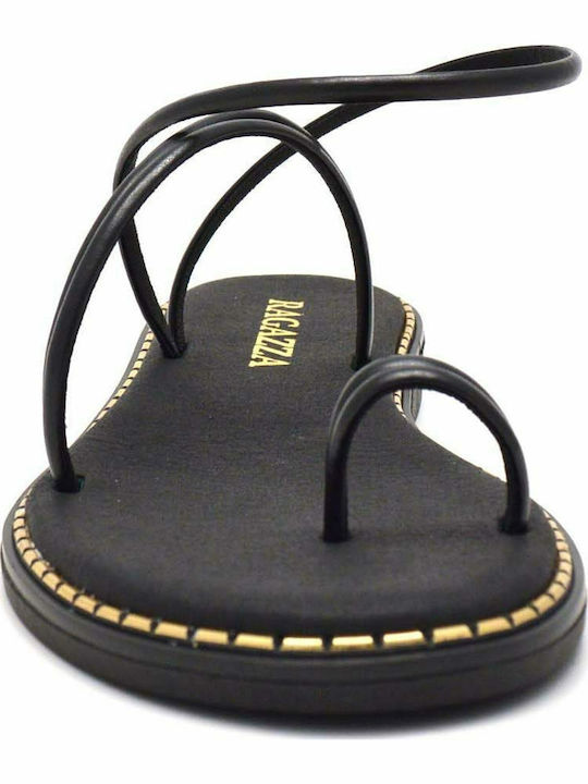 Leather Women's Flat Sandals Anatomic with Strap in Black Color