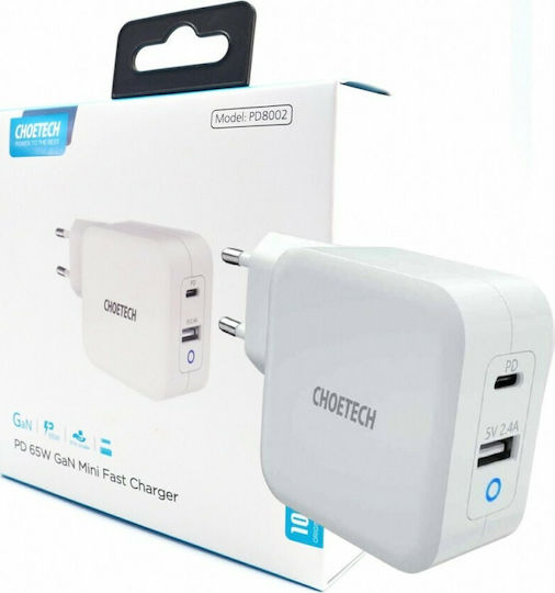 Choetech GaN Kabelloser Handyladegerät mit USB-A und USB-C Ausgangsanschlüssen Weiß (PD8002)
