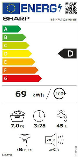 Sharp Πλυντήριο Ρούχων 7kg 1200 Στροφών Allergy Smart ES-NFA7121WD