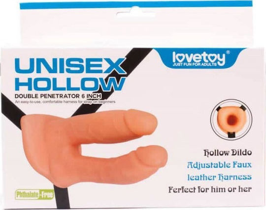 Lovetoy Unisex Hollow Strap On Harness με Διπλό Dildo στο χρώμα του δέρματος