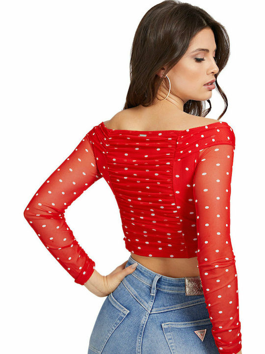 Guess Women's Crop Top Off-Shoulder Long Sleeve Polka Dot Red