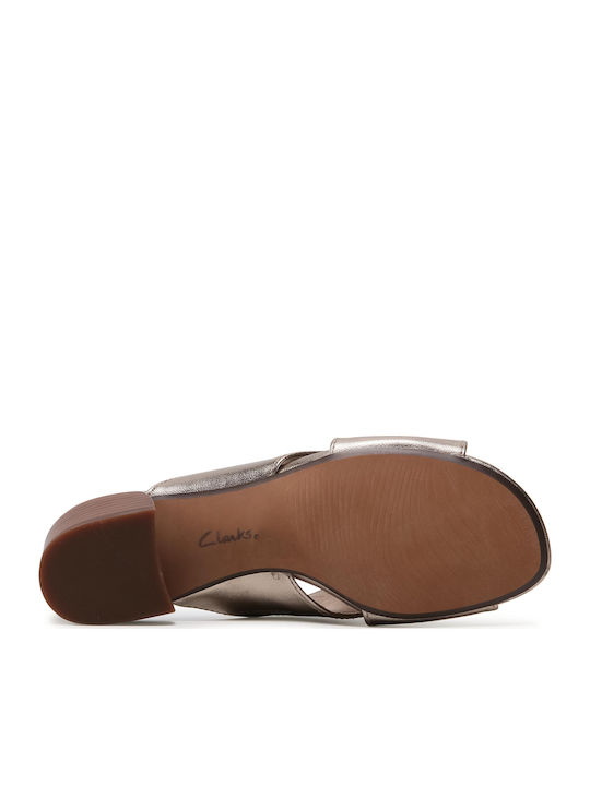 Caroleigh Erin Leather Mules With Chunky Low Heel In Gold Colour