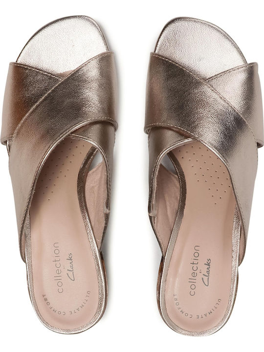 Caroleigh Erin Leather Mules With Chunky Low Heel In Gold Colour