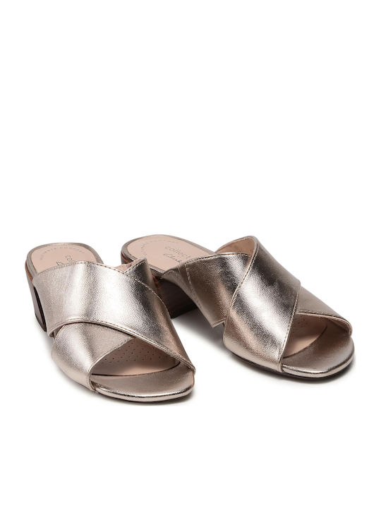 Caroleigh Erin Leather Mules With Chunky Low Heel In Gold Colour