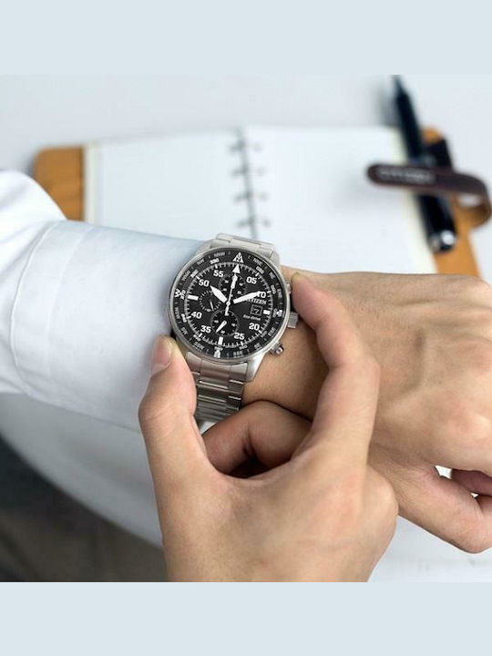 Citizen Ανδρικό Ρολόι 44mm Χρονογράφος Eco - Drive με Ασημί Μεταλλικό Μπρασελέ