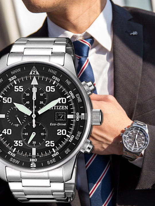 Citizen Ανδρικό Ρολόι 44mm Χρονογράφος Eco - Drive με Ασημί Μεταλλικό Μπρασελέ