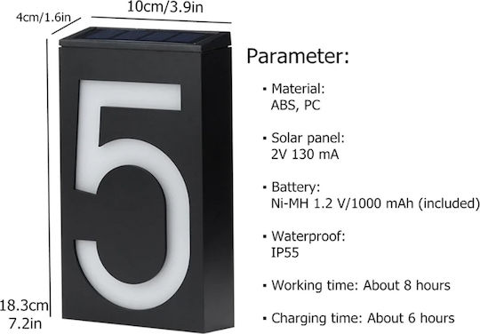 GloboStar Number 6 Wall Mounted Solar Light House Number 1W 100lm Cold White 6000K with Photocell IP55